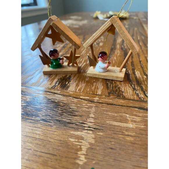 Vintage Wooden Christmas Ornaments Set Of 3 With Angel Figures & Santa On Base - Picture 4 of 6